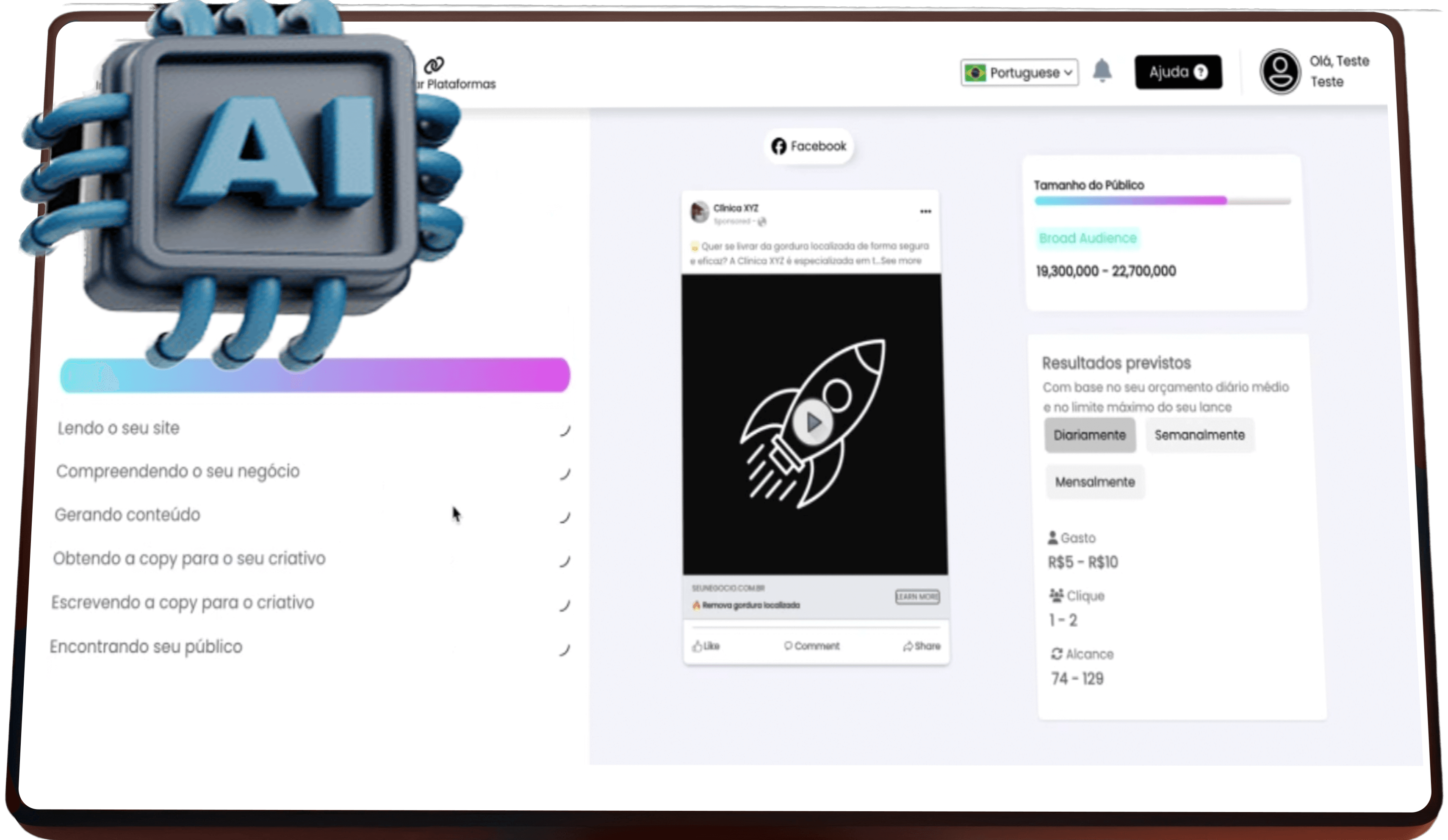 Monitor com chip AI e mão clicando, representando inteligência artificial